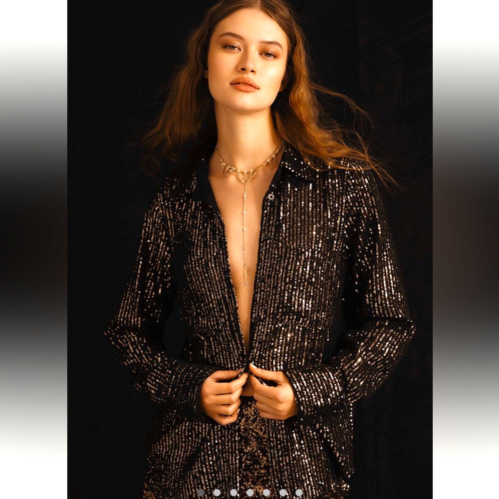 NWT Remie Black Sequin button down - Picture 2 of 9